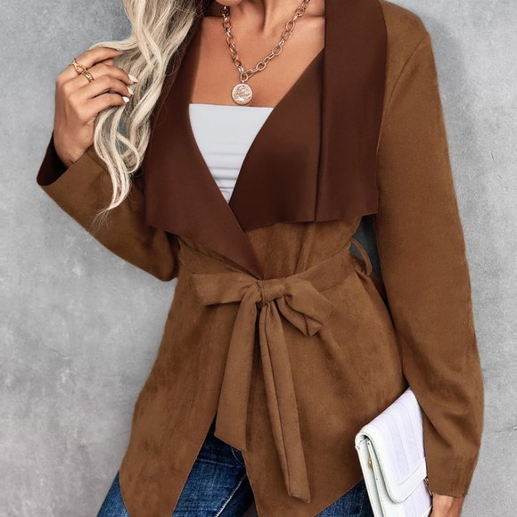 Jackets & Blazers - New Waterfall Collar Belted Jacket Brown